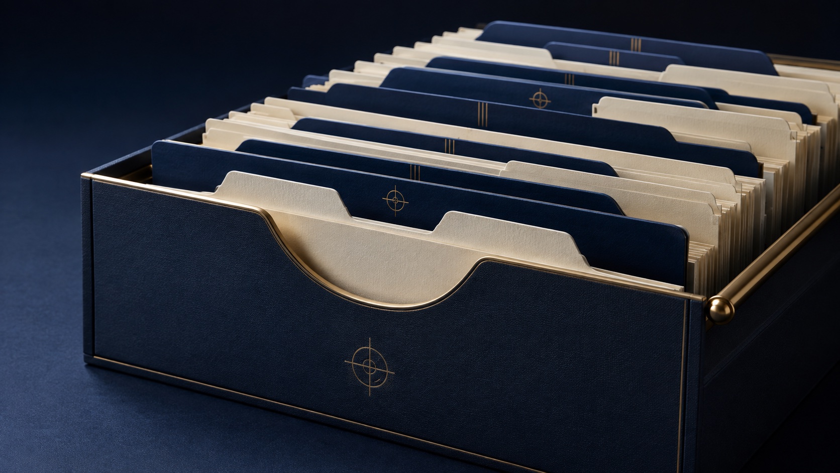 Blue and cream file dividers in a precisely crafted physical archive
